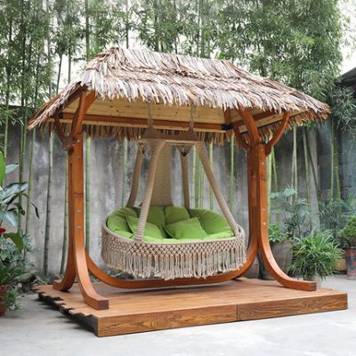 Ziqing Xích đu ngoài trời Sân thượng bằng gỗ rắn Ghế treo Biệt thự Sân vườn Đôi Giải trí Ghế xích đu Ghế đóch Rổ treo lớn