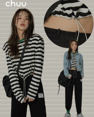 CHUU áo thun dài tay sọc ngắn nữ mùa xuân 2022 mới màu tương phản dây rút xu hướng áo sơ mi đáy rộng