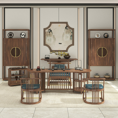 Bàn trà gỗ óc chó đen phong cách Trung Quốc mới và ghế kết hợp Bàn trà Zen Bàn cà phê văn phòng Bàn trà Kung Fu Bàn trà uống nước