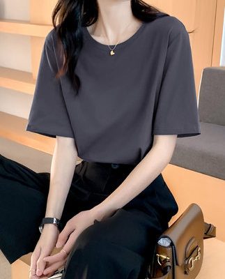 Áo phông trơn ngắn tay nữ 2022 mùa hè mới màu rắn đơn giản áo phông cổ tròn đơn giản áo thun nửa tay trên