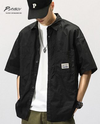 Playboy áo sơ mi nam ngắn tay mùa hè băng lụa công cụ áo khoác bình thường áo sơ mi nam cotton Nhật Bản thủy triều lỏng lẻo