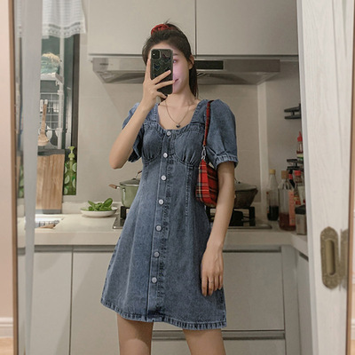 Váy denim của phụ nữ mùa hè Pháp khí chất thích hợp eo nhỏ tay phồng dài và váy ngắn cỡ lớn tay ngắn