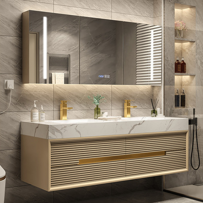 Slate tủ phòng tắm hiện đại nhẹ nhàng sang trọng chậu rửa gỗ sồi chậu rửa nhà vệ sinh chậu rửa đôi tủ kết hợp màu trà sữa