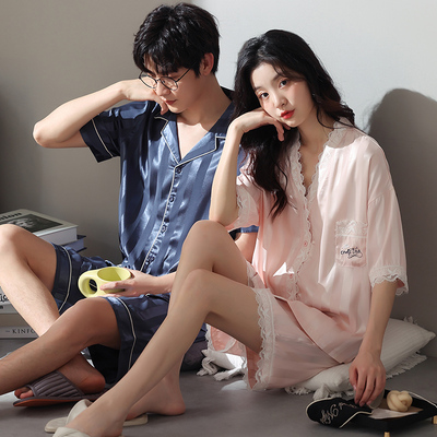 2 bộ giá vài bộ pyjama nam mùa hè lụa ngắn tay quần đùi phục vụ tại nhà cho phụ nữ bộ đồ lụa mô phỏng mỏng mùa hè