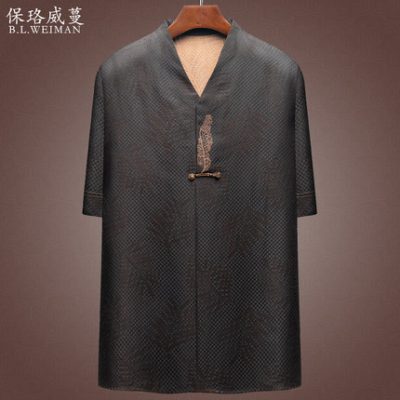 Công nghiệp nặng Hualuoxiang Yunsha Áo phông nam Sợi rang Dâu tằm Bố trung niên Áo phông giản dị Quần áo nam phong cách Trung Quốc