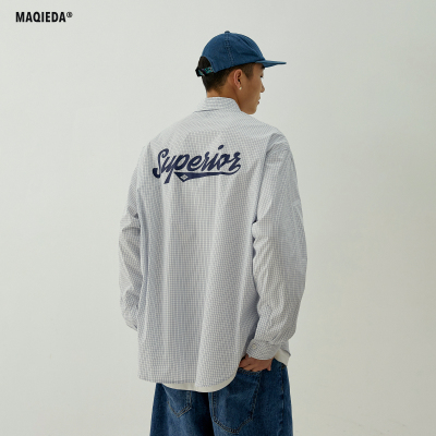 Macheda mùa xuân bảng chữ cái in áo sơ mi kẻ sọc giản dị áo sơ mi dụng cụ nam tất cả các trận đấu lỏng tay dài tay hợp thời trang