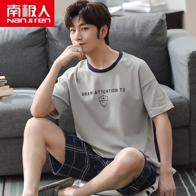 Nam cực bộ đồ ngủ nam mùa hè cotton ngắn tay mặc nhà giản dị nam mặc nhà mùa hè cotton mỏng phù hợp với kích thước lớn
