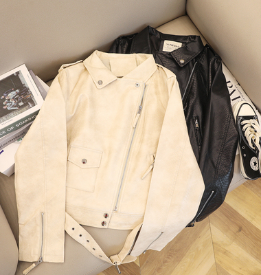 G102 phá vỡ kích thước giải phóng mặt bằng ngắn áo khoác da của phụ nữ da rắn kết cấu áo khoác da thắt lưng xe máy áo khoác da của phụ nữ ve áo