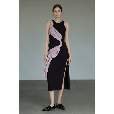 UNSPOKEN mùa hè đen khâu váy váy cao cấp của phụ nữ thiết kế ngách váy đầm mỏng