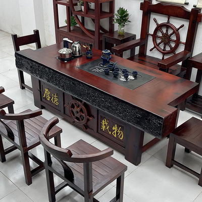 Bàn trà gỗ tàu cũ bàn ghế kết hợp đồ nội thất gỗ nguyên khối Bàn trà bàn trà kung fu Trung Quốc đơn giản bộ bàn trà bộ tất cả trong một