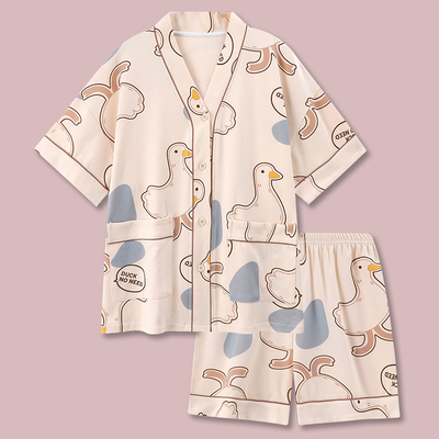 "Muốn trở thành vịt tự do" Nhật Bản vài bộ đồ ngủ của phụ nữ mùa hè cotton ngắn tay mùa hè mỏng rộng rãi quần áo nam ở nhà