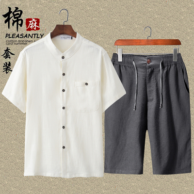 Mùa hè của nam giới trung niên vải lanh và cotton áo phông ngắn tay 40-50 quần dài năm điểm cho người trung niên và cao tuổi Bộ đồ mùa hè cỡ lớn của nam giới