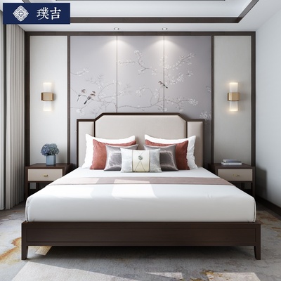 Giường kiểu Trung Quốc mới giường gỗ rắn giường đôi hiện đại vải kiểu Trung Quốc giường cưới phòng ngủ mẫu phòng biệt thự homestay nội thất tùy chỉnh