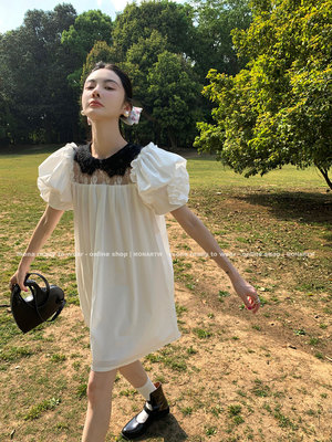 MONA 4/18 new tea break Váy công chúa Pháp váy cổ tích ren đen trắng với họa tiết chất lượng cao