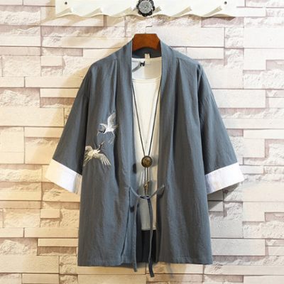 Phong cách Trung Quốc Tang phù hợp với cải tiến Hanfu của nam giới mùa hè thêu hạc ba phần tư áo sơ mi nam áo khoác chống nắng áo khoác len cardigan