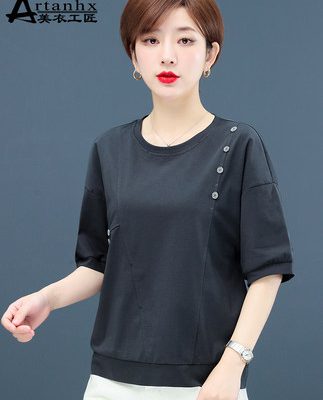 Áo thun cotton ngắn tay phụ nữ mùa hè 2022 mới của phụ nữ mới giản dị thiết kế giảm tuổi tác cảm giác hàng đầu của mẹ trung niên