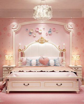 Phòng ngủ master phong cách Châu Âu hiện đại giường công chúa bé gái 1,8m phong cách Mỹ đơn giản kết hợp nội thất phòng trẻ em