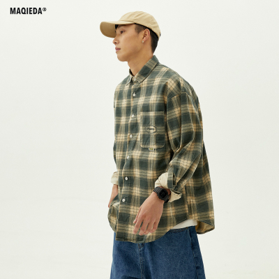 Macheda 2022 mùa xuân mới của nam giới áo sơ mi thêu Hàn Quốc giản dị dài tay tất cả các kết hợp áo sơ mi kẻ sọc đẹp trai