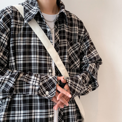 Mùa xuân và mùa thu trong cổ điển hoang dã cổ điển kẻ sọc đen trắng kẻ sọc nam áo sơ mi dài tay áo sơ mi rộng rãi giản dị