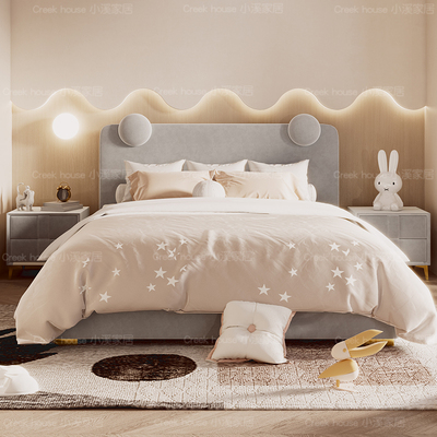 Giường flannel trẻ em màu kem kiểu Pháp bé trai và bé gái cô gái hiện đại tối giản ánh sáng phòng ngủ sang trọng phòng ngủ thiếu niên nội thất phòng trẻ em