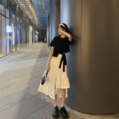 DDGIRL Hyun Ya phong cách thiết kế cảm giác không đều ren-up ngắn tay áo phông của phụ nữ áo sơ mi mỏng dưới đáy ngắn màu đen trên cùng