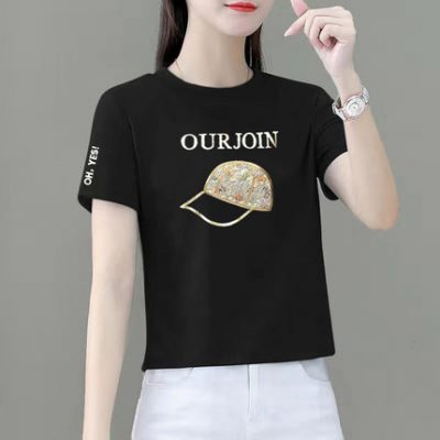 Nóng dập màu đen áo thun ngắn tay phụ nữ nhỏ 2022 mùa hè cotton lỏng thêu tính khí ngắn hàng đầu hợp thời trang