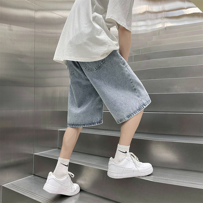 Quần short denim kẻ caro nam mùa hè của thương hiệu Âu Mỹ Quần phong cách đường phố cao cấp của nam giới Quần nam ống rộng năm điểm