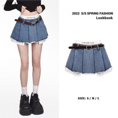 Shaoye mắt hot girl váy denim chân dài bí mật bất thường giả váy mini hai mảnh xếp ly mùa hè 2022