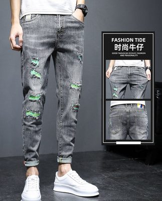 Quần jean nam mùa hè mỏng phần mỏng chân nhỏ thủy triều thương hiệu 2022 lỗ mùa hè ăn xin chín điểm quần nam đàn hồi