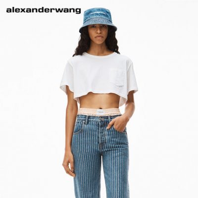 ALEXANDER WANG / Cô Alexander Wang Logo dệt Trang trí Áo thun cotton cắt xoắn cao màu trắng
