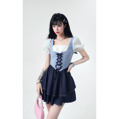 Dì Barbie bánh váy nữ mùa hè mới đi dã ngoại khâu nhỏ hương thơm tay áo phồng tinh khiết mong muốn cô gái nóng váy