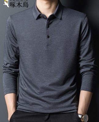 Chim gõ kiến mùa xuân và mùa thu nam giới trung niên lụa tằm dài tay áo phông ve áo màu sắc quần áo polo đáy áo sơ mi nam