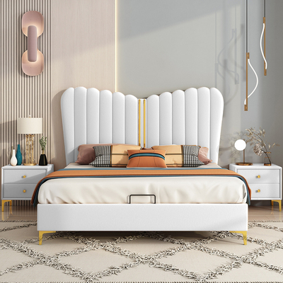 Giường ngủ Da sáng sang trọng Giường ngủ đơn giản hiện đại Giường ngủ công chúa Cô gái Giường bướm Giường ngủ gỗ rắn Giường ngủ chính Phòng ngủ Nội thất phòng ngủ hoàn chỉnh