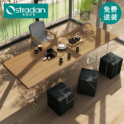 Nội thất phòng trà Zen cao cấp Bàn acrylic chân bàn trà gỗ nguyên khối Bàn trà sáng tạo chân trong suốt đăng nhập bảng lớn kết hợp bàn ghế