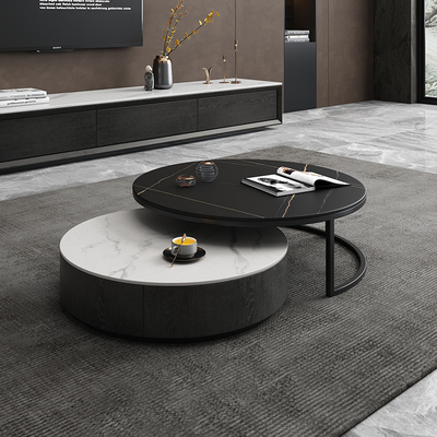 Bàn cà phê tròn bằng đá phiến Ý kết hợp tủ tivi ánh sáng Bắc Âu sang trọng hiện đại tối giản phòng khách căn hộ nhỏ lưu trữ bàn trà