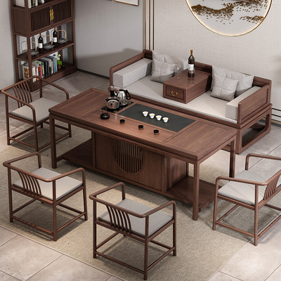 Bàn trà gỗ óc chó đen kết hợp bàn ghế gỗ nguyên tấm Zen kiểu mới Bàn trà Kung Fu đơn giản bàn cà phê văn phòng hiện đại