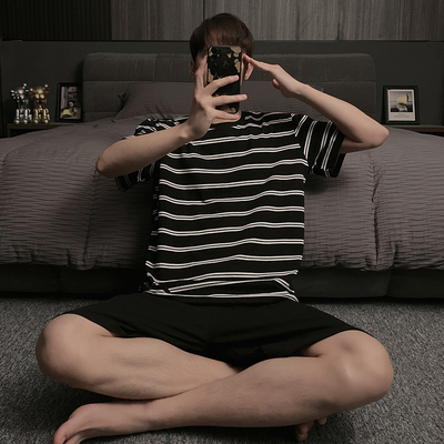 2022 mới Nhật Bản đồ ngủ nam sọc ngang mùa hè cotton ngắn tay thanh niên sinh viên phục vụ tại nhà phù hợp với cặp đôi