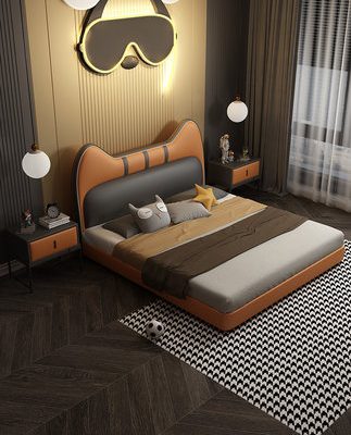 Ánh sáng sang trọng sáng tạo dễ thương giường da cú dễ thương phòng ngủ bé trai tối giản hiện đại 1,5 mét giường trẻ em khâu gỗ rắn