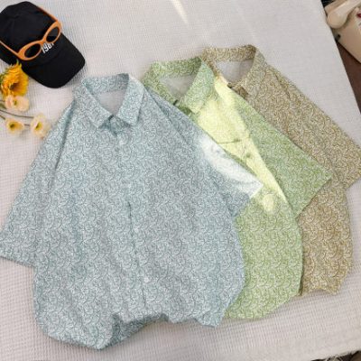 Băng lụa hoa áo sơ mi nam mùa hè mỏng tay ngắn áo chống nắng thiết kế ngách cảm giác băng giá áo khoác cặp đôi