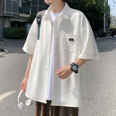 Jacquard kết cấu mô hình thêu chữ cái áo sơ mi nam ngắn tay mùa hè thủy triều thương hiệu xu hướng mỏng phần tay áo năm điểm áo khoác