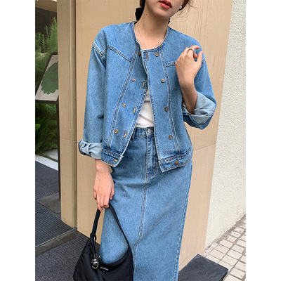 Áo khoác nữ Allo 2022 mùa xuân mới phiên bản Hàn Quốc thiết kế áo khoác denim không cổ xu hướng giản dị của phụ nữ 21309