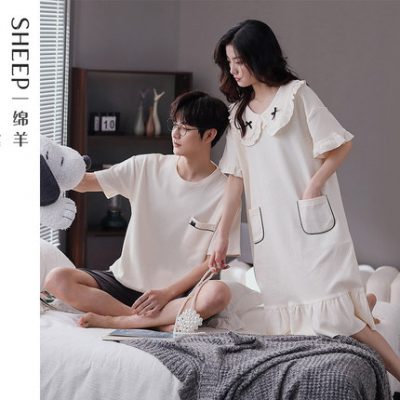 2 bộ đồ ngủ đôi mùa hè mảnh cotton ngắn tay váy ngủ nữ mùa hè phiên bản hàn quốc bộ đồ mặc nhà nam cỡ lớn