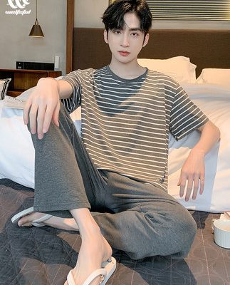 Bộ đồ ngủ nam mùa hè kẻ sọc ngắn tay phương thức 2022 phần mỏng của nam giới có thể mặc bên ngoài bộ đồ mặc nhà
