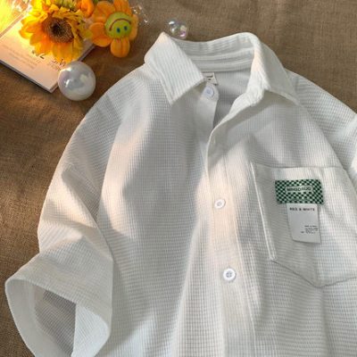 Waffle ngắn tay áo sơ mi nam mùa hè Tide Thương hiệu Cặp đôi Áo sơ mi trắng Chàng trai Áo sơ mi cổ điển Nhật Bản Đường phố giản dị