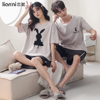 2 bộ đồ ngủ đôi mùa hè nữ cotton mỏng phần ngắn tay giản dị Hàn Quốc bộ đồ nam ở nhà có thể mặc bên ngoài