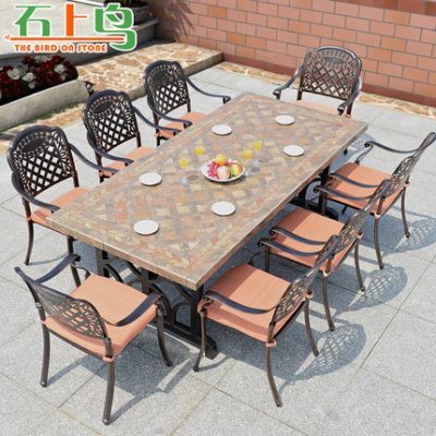 Bàn ghế ngoài trời bàn ghế nhôm đúc biệt thự sân vườn bàn dài thư giãn ngoài trời sân thượng sắt rèn kết hợp bàn ăn lớn