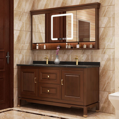 Phong cách Trung Quốc mới tủ phòng tắm kết hợp đá phiến chậu rửa chậu rửa sàn tủ sàn gỗ rắn chậu rửa một chậu tủ phòng tắm