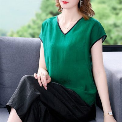 Kích thước lớn sợi mây thơm ngắn tay áo thun nữ mùa hè rắn màu mát mẻ áo thun rộng rãi mẹ axetat băng lụa trên cùng