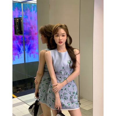 LIN [Lời hứa của Dandelion] Công nghiệp nặng Váy thêu satin màu xanh mùa hè Phụ nữ váy phương Tây mới