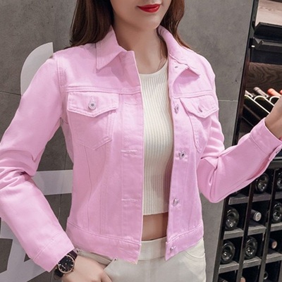 Mùa xuân và mùa thu Áo khoác denim ngắn đa năng hàng đầu màu hồng phiên bản Hàn Quốc dài tay áo khoác denim màu trắng Áo khoác nữ,